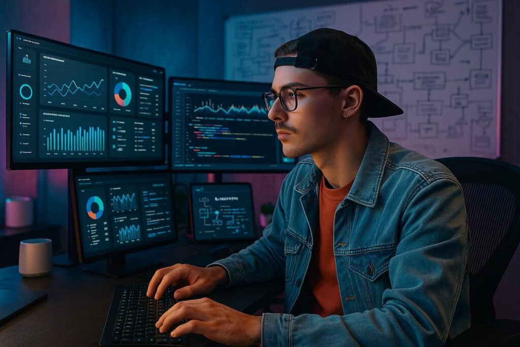 Influencer in casual Streetwear arbeitet an mehreren digitalen Bildschirmen in einem modernen Büro mit Whiteboards, Smart-Home-Geräten und Neonlichtern.