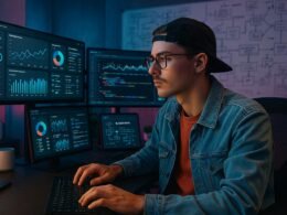 Influencer in casual Streetwear arbeitet an mehreren digitalen Bildschirmen in einem modernen Büro mit Whiteboards, Smart-Home-Geräten und Neonlichtern.