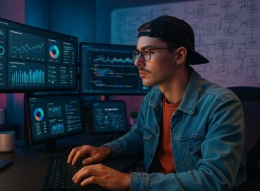 Influencer in casual Streetwear arbeitet an mehreren digitalen Bildschirmen in einem modernen Büro mit Whiteboards, Smart-Home-Geräten und Neonlichtern.