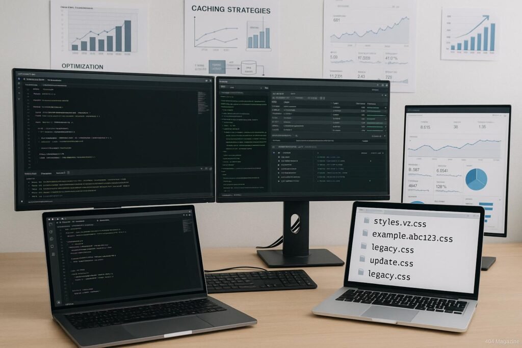 Moderner Arbeitsplatz eines Entwicklers mit Monitoren, Code-Editoren und Whiteboards, die Strategien für Asset-Versionierung und Caching zeigen.