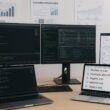 Moderner Arbeitsplatz eines Entwicklers mit Monitoren, Code-Editoren und Whiteboards, die Strategien für Asset-Versionierung und Caching zeigen.
