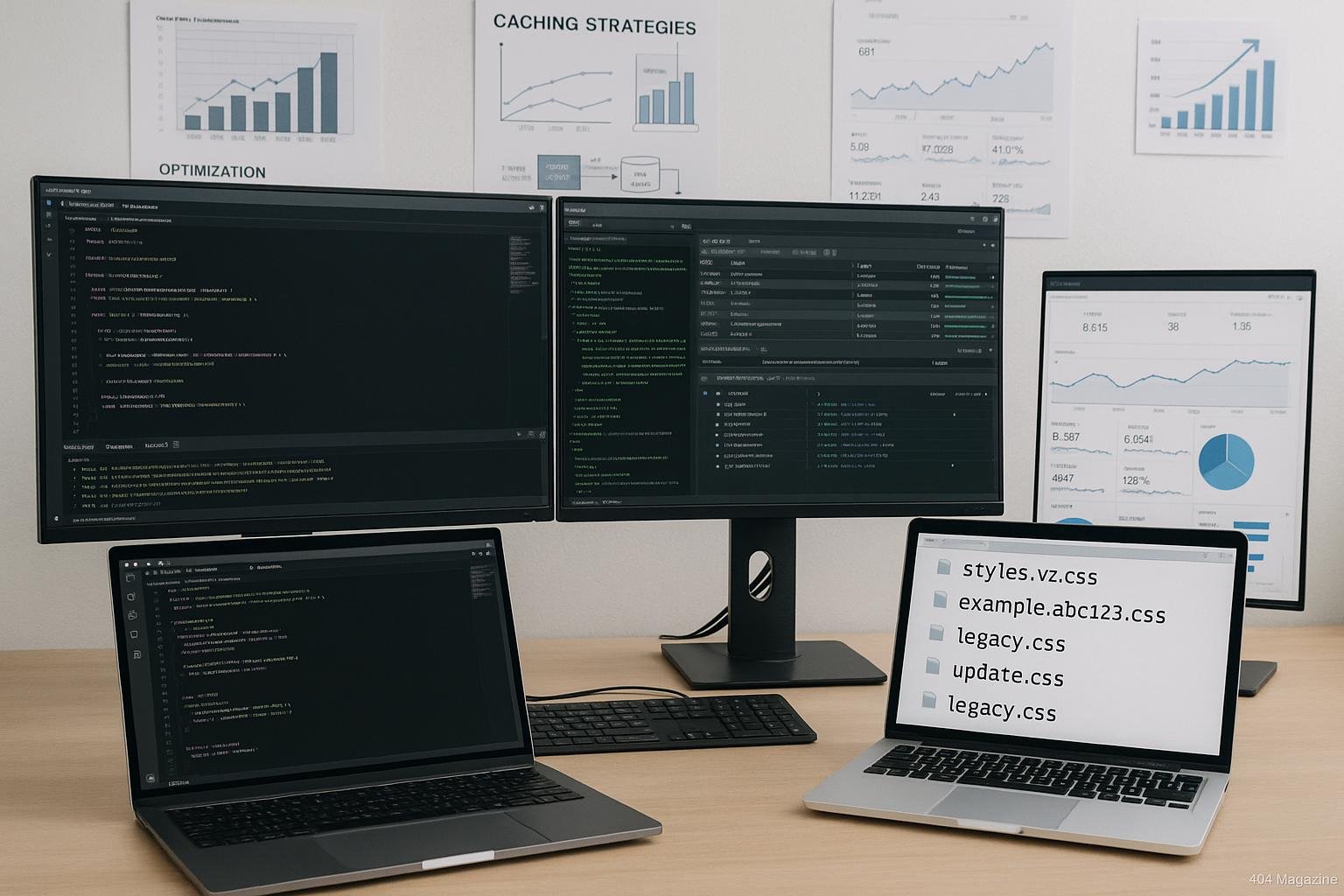 Moderner Arbeitsplatz eines Entwicklers mit Monitoren, Code-Editoren und Whiteboards, die Strategien für Asset-Versionierung und Caching zeigen.