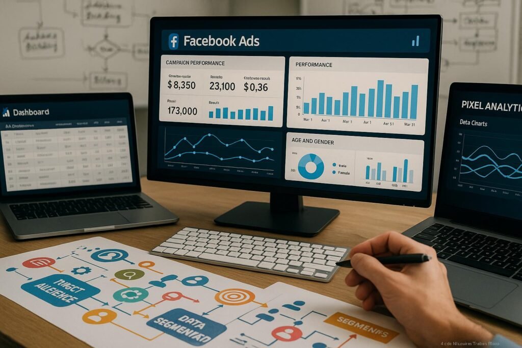 Nahaufnahme eines modernen Arbeitsplatzes mit Bildschirmen, Datencharts, Targeting-Icons und einem weißen Whiteboard im Hintergrund, das Strategien für Zielgruppenaufbau zeigt.
