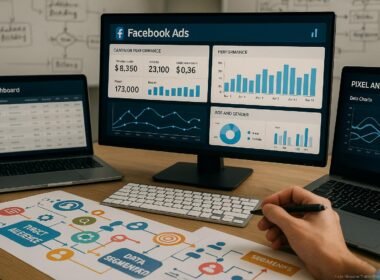 Nahaufnahme eines modernen Arbeitsplatzes mit Bildschirmen, Datencharts, Targeting-Icons und einem weißen Whiteboard im Hintergrund, das Strategien für Zielgruppenaufbau zeigt.