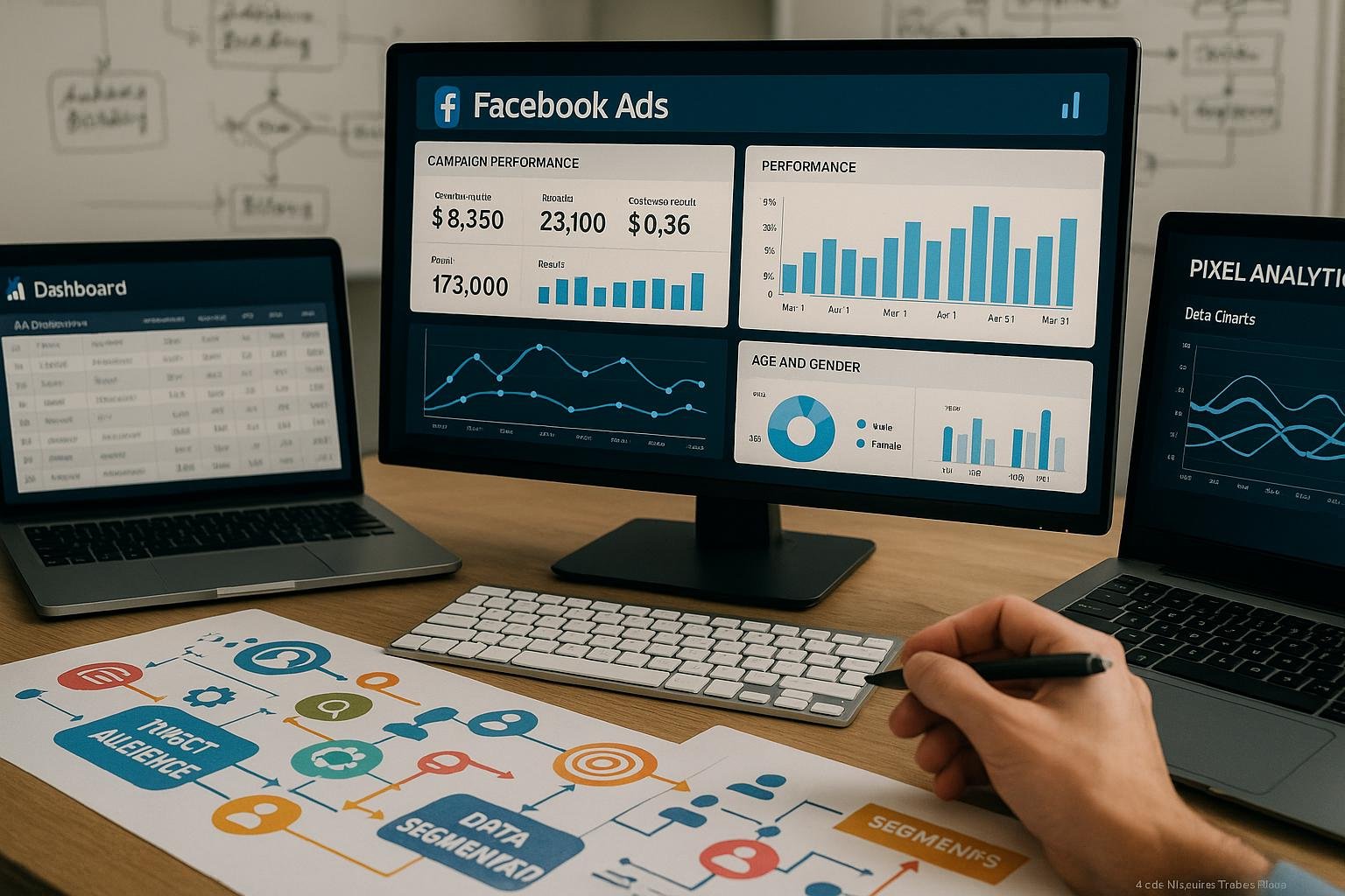 Nahaufnahme eines modernen Arbeitsplatzes mit Bildschirmen, Datencharts, Targeting-Icons und einem weißen Whiteboard im Hintergrund, das Strategien für Zielgruppenaufbau zeigt.