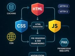 Futuristisches Technologie-Diagramm der Rendering-Pipeline 2025 mit Symbolen für HTML, CSS, JavaScript, Caching, CDN, HTTP/2/3 und PWA, um die Performance und SEO zu verbessern