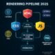 Futuristisches Technologie-Diagramm der Rendering-Pipeline 2025 mit Symbolen für HTML, CSS, JavaScript, Caching, CDN, HTTP/2/3 und PWA, um die Performance und SEO zu verbessern