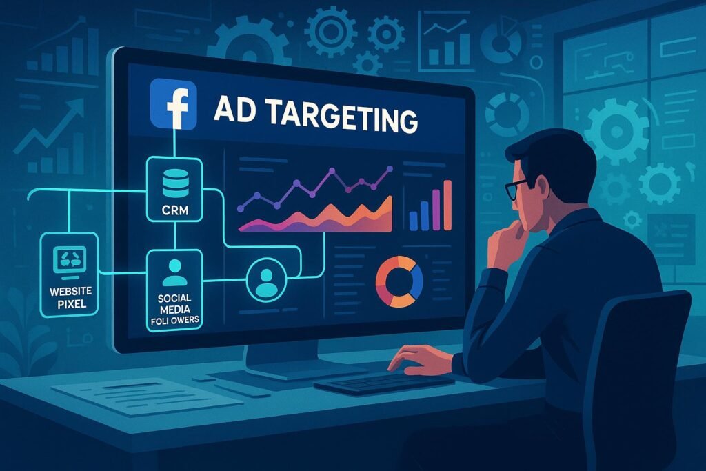 Hochmoderne digitale Arbeitsumgebung mit großem Bildschirm, der Datenanalysen, Diagramme und Verbindungen zu CRM, Website-Pixeln und sozialen Medien sichtbar macht, um Strategien im digitalen Marketing zu optimieren.