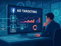 Hochmoderne digitale Arbeitsumgebung mit großem Bildschirm, der Datenanalysen, Diagramme und Verbindungen zu CRM, Website-Pixeln und sozialen Medien sichtbar macht, um Strategien im digitalen Marketing zu optimieren.