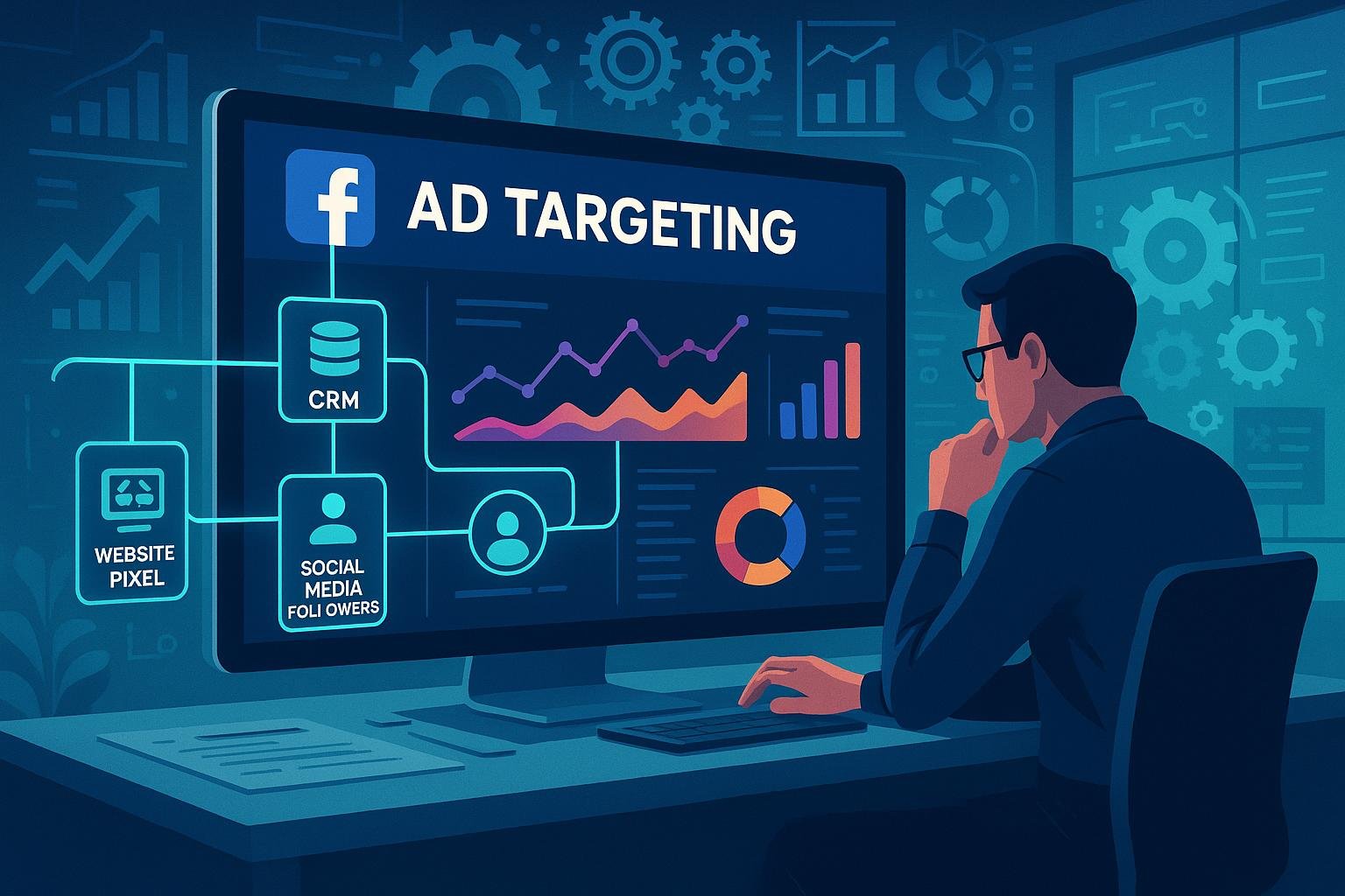 Hochmoderne digitale Arbeitsumgebung mit großem Bildschirm, der Datenanalysen, Diagramme und Verbindungen zu CRM, Website-Pixeln und sozialen Medien sichtbar macht, um Strategien im digitalen Marketing zu optimieren.