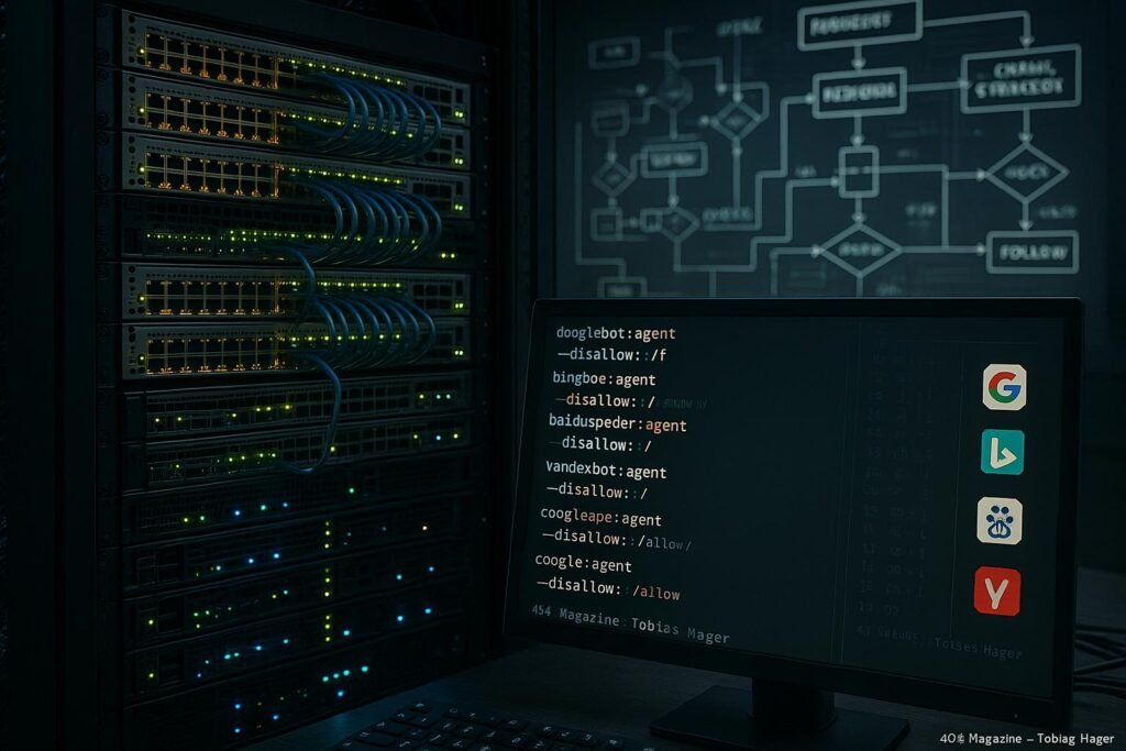 Modernes Server-Rack mit Netzwerkswitches, Servern, Code auf Monitor und weißen Diagrammen im Hintergrund, die Bot-Interaktionen für SEO darstellen