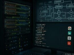 Modernes Server-Rack mit Netzwerkswitches, Servern, Code auf Monitor und weißen Diagrammen im Hintergrund, die Bot-Interaktionen für SEO darstellen