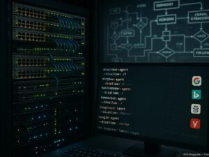 Modernes Server-Rack mit Netzwerkswitches, Servern, Code auf Monitor und weißen Diagrammen im Hintergrund, die Bot-Interaktionen für SEO darstellen