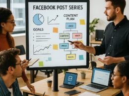 Team arbeitet in einem modernen Büro an digitalen Whiteboards mit Diagrammen und Content-Planungen zur Facebook Post Strategie, im Hintergrund Laptops und Notizblöcke sichtbar.