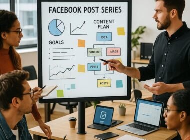 Team arbeitet in einem modernen Büro an digitalen Whiteboards mit Diagrammen und Content-Planungen zur Facebook Post Strategie, im Hintergrund Laptops und Notizblöcke sichtbar.