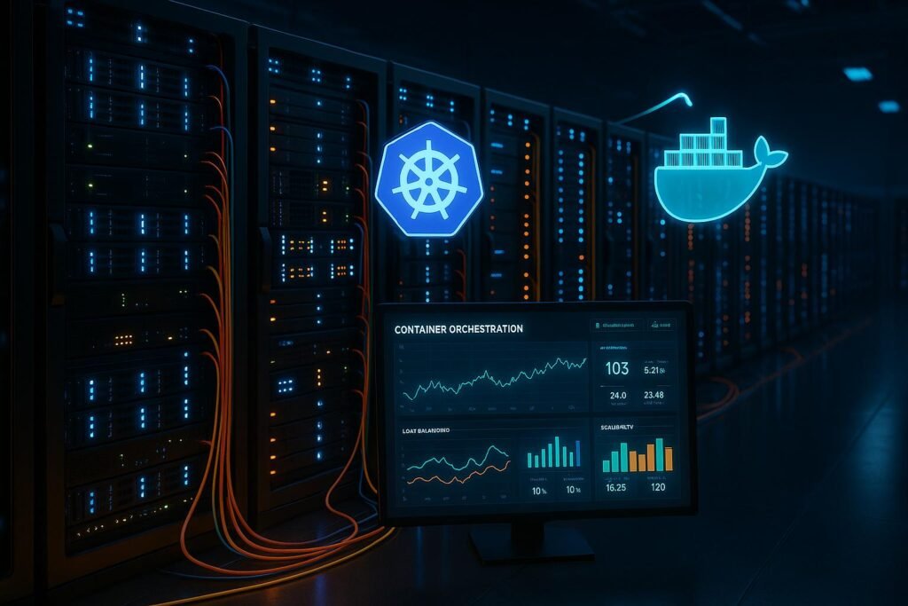 Modernes Data Center mit blinkenden Serverracks, Netzwerkverkabelung und holographischen Kubernetes und Docker Logos, die Automatisierung und Lastverteilung darstellen.