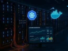 Modernes Data Center mit blinkenden Serverracks, Netzwerkverkabelung und holographischen Kubernetes und Docker Logos, die Automatisierung und Lastverteilung darstellen.