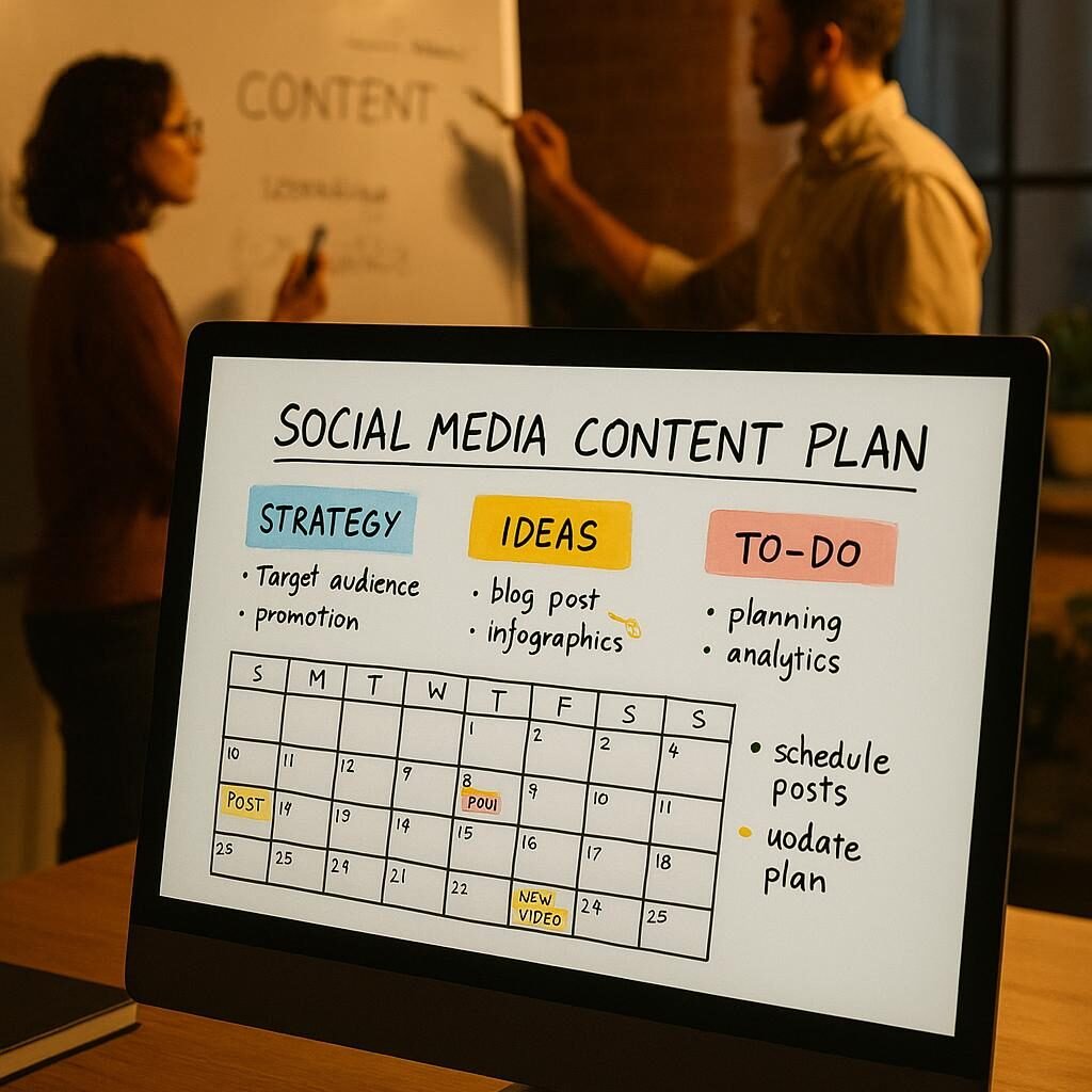 Modernes Büro mit großem Bildschirm, Social-Media-Content-Plan, handschriftlichen Notizen und Brainstorming mit Whiteboard, im Hintergrund zwei Personen, Credit: 404 Magazine (Tobias Hager)