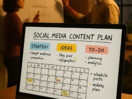 Modernes Büro mit großem Bildschirm, Social-Media-Content-Plan, handschriftlichen Notizen und Brainstorming mit Whiteboard, im Hintergrund zwei Personen, Credit: 404 Magazine (Tobias Hager)