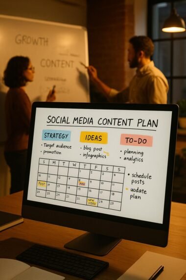 Modernes Büro mit großem Bildschirm, Social-Media-Content-Plan, handschriftlichen Notizen und Brainstorming mit Whiteboard, im Hintergrund zwei Personen, Credit: 404 Magazine (Tobias Hager)