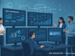 Modernes High-Tech Büro mit großen Monitoren, Datenvisualisierungen und automatisierten Systemen, Menschen analysieren Strategien.