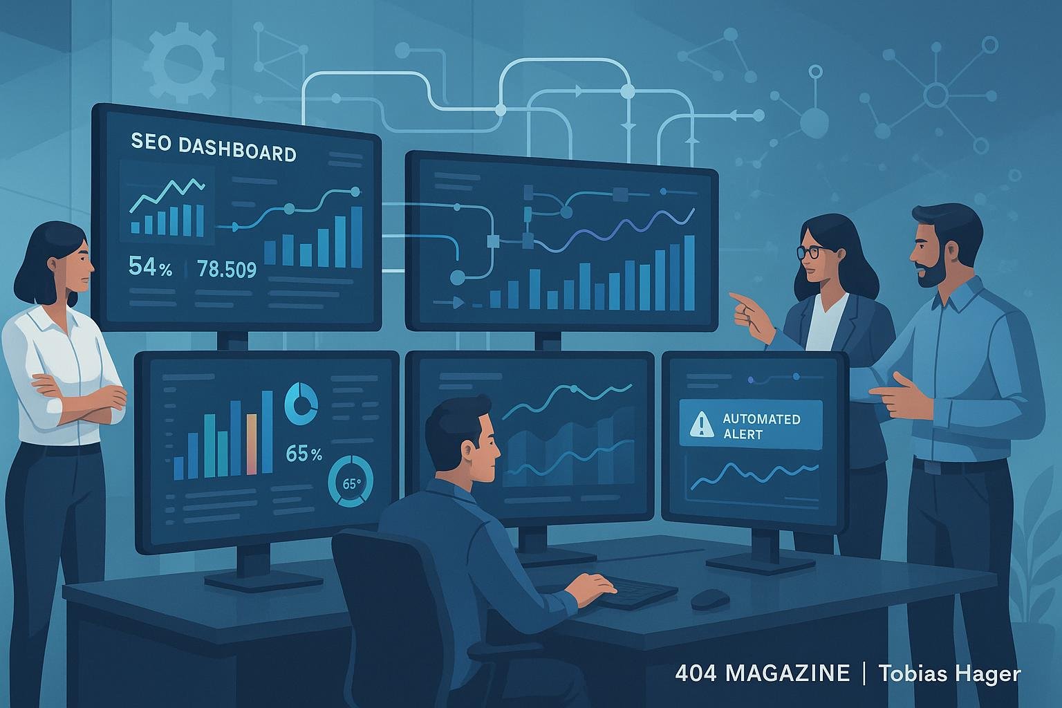Modernes High-Tech Büro mit großen Monitoren, Datenvisualisierungen und automatisierten Systemen, Menschen analysieren Strategien.