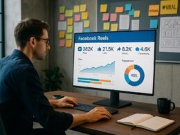 Professioneller Marketer analysiert Facebook Reels Leistungskennzahlen an einem modernen Schreibtisch, im Hintergrund kreative Pinnwände mit Post-its, Hashtags und Storyboard-Skizzen, Credit: 404 Magazine (Tobias Hager)