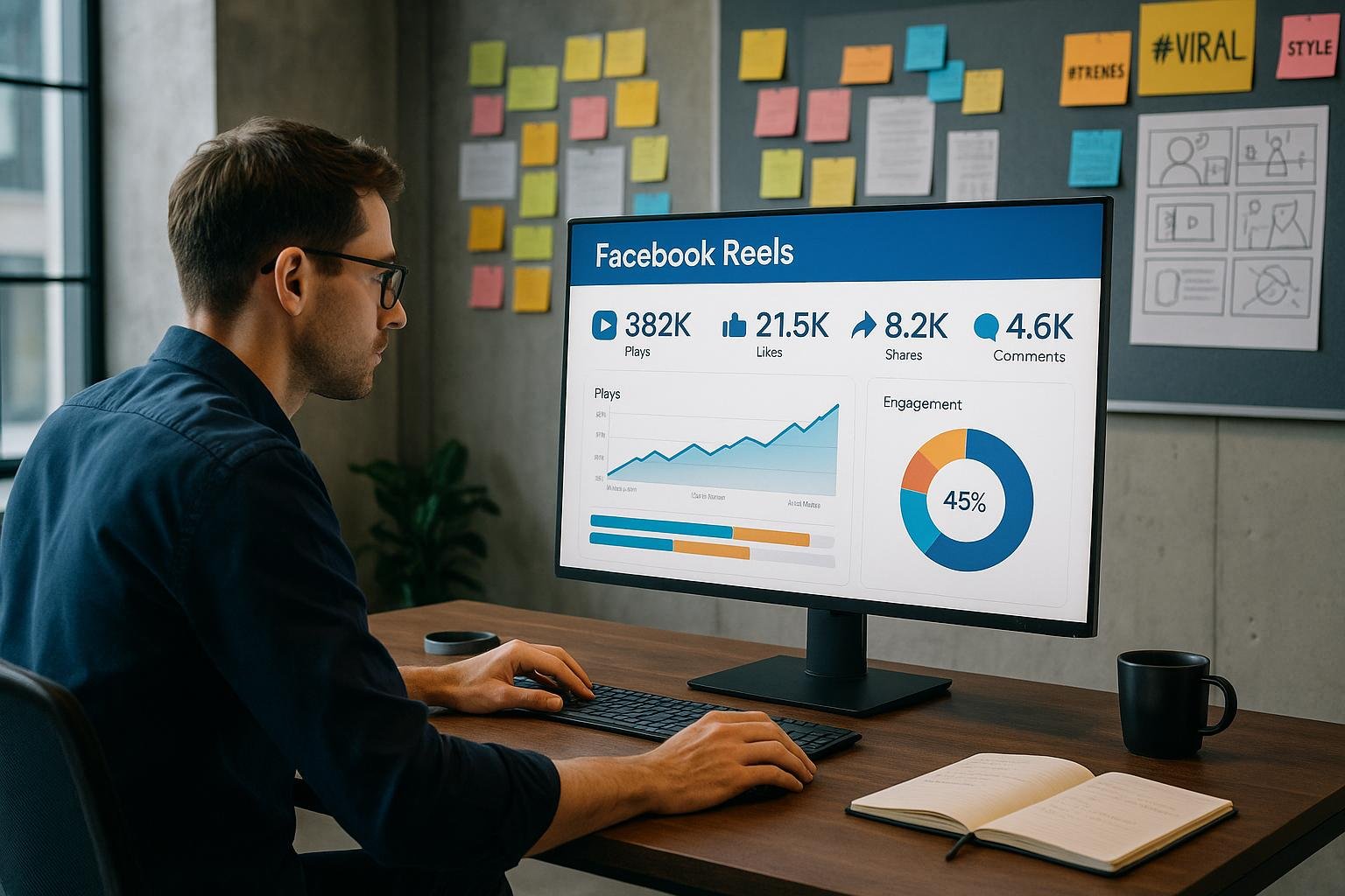 Professioneller Marketer analysiert Facebook Reels Leistungskennzahlen an einem modernen Schreibtisch, im Hintergrund kreative Pinnwände mit Post-its, Hashtags und Storyboard-Skizzen, Credit: 404 Magazine (Tobias Hager)