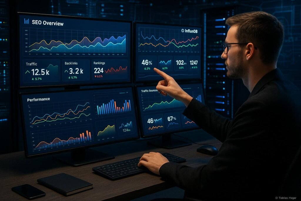 Moderner Arbeitsplatz mit mehreren Bildschirmen, die Live-Daten, Diagramme und Dashboards zu SEO-Metriken anzeigen, mit einem Profi, der die Monitore betrachtet, umgeben von technischen Geräten.