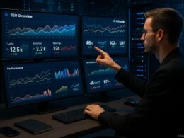 Moderner Arbeitsplatz mit mehreren Bildschirmen, die Live-Daten, Diagramme und Dashboards zu SEO-Metriken anzeigen, mit einem Profi, der die Monitore betrachtet, umgeben von technischen Geräten.