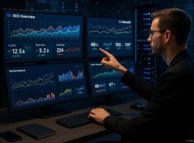 Moderner Arbeitsplatz mit mehreren Bildschirmen, die Live-Daten, Diagramme und Dashboards zu SEO-Metriken anzeigen, mit einem Profi, der die Monitore betrachtet, umgeben von technischen Geräten.