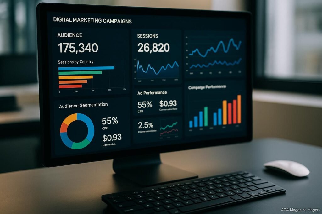 Nahaufnahme eines Computerbildschirms mit farbigen Diagrammen, Kennzahlen und Leistungsmetriken zu Digitalmarketing-Kampagnen, im Hintergrund ein moderner Arbeitsplatz mit Tastatur und Maus.