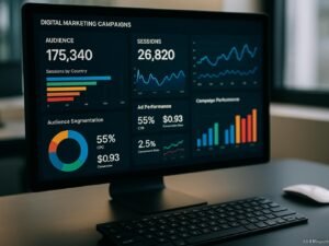 Nahaufnahme eines Computerbildschirms mit farbigen Diagrammen, Kennzahlen und Leistungsmetriken zu Digitalmarketing-Kampagnen, im Hintergrund ein moderner Arbeitsplatz mit Tastatur und Maus.
