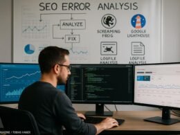 Geschäftiger Entwickler vor Monitoren mit Diagrammen, Code und SEO-Tools im modernen Büro