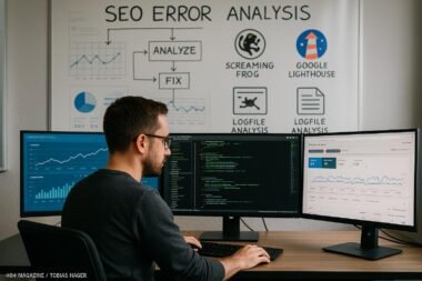 Geschäftiger Entwickler vor Monitoren mit Diagrammen, Code und SEO-Tools im modernen Büro
