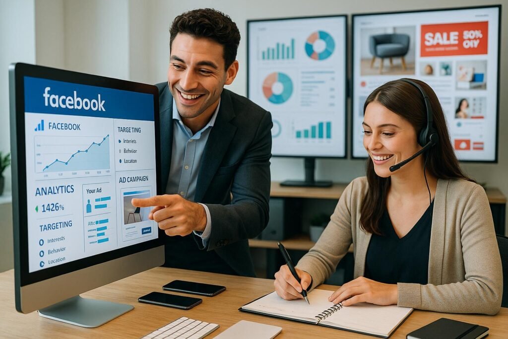 Zwei Business-Profis arbeiten begeistert an einem großen Bildschirm mit Facebook-Analytics-Dashboards, während im Hintergrund Monitore mit Grafiken und Social Media Content zu sehen sind, im modernen Büro