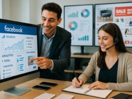 Zwei Business-Profis arbeiten begeistert an einem großen Bildschirm mit Facebook-Analytics-Dashboards, während im Hintergrund Monitore mit Grafiken und Social Media Content zu sehen sind, im modernen Büro