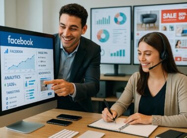 Zwei Business-Profis arbeiten begeistert an einem großen Bildschirm mit Facebook-Analytics-Dashboards, während im Hintergrund Monitore mit Grafiken und Social Media Content zu sehen sind, im modernen Büro