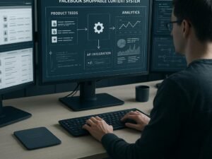 Moderner Arbeitsplatz mit mehreren Monitoren, die Produktfeeds, API-Integrationen und Analytics-Dashboards anzeigen, im Vordergrund eine konzentrierte Person, im Hintergrund Produktkataloge und Automatisierungsschnittstellen, Credit: 404 Magazine (Tobias Hager)