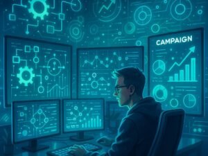 Technikbegeisterte Person in einem High-Tech-Office mit futuristischen Bildschirmen, holographischen Interfaces und Datenströmen, die Automatisierung und Datenanalyse darstellen.