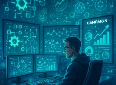 Technikbegeisterte Person in einem High-Tech-Office mit futuristischen Bildschirmen, holographischen Interfaces und Datenströmen, die Automatisierung und Datenanalyse darstellen.