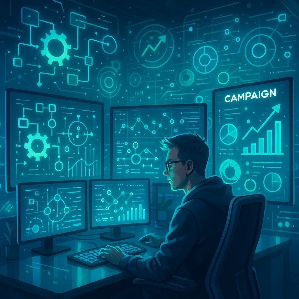 Technikbegeisterte Person in einem High-Tech-Office mit futuristischen Bildschirmen, holographischen Interfaces und Datenströmen, die Automatisierung und Datenanalyse darstellen.