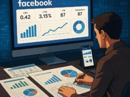 Moderner digitaler Arbeitsplatz mit Computer und Smartphone, die Analysen und KPI-Diagramme für Facebook-Werbung zeigen, umgeben von Diagrammen und Datencharts, mit einem Analysten beim Datencommeting. Credit: 404 Magazine (Tobias Hager).