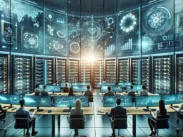 Futuristischer Kontrollraum mit holographischen Displays, Datenströmen und Server-Racks für Echtzeit-Marketing, geschaffen für KI-gestütztes Marketing.