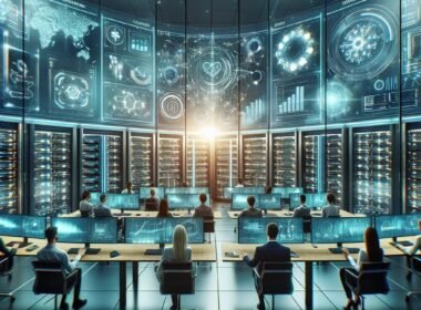 Futuristischer Kontrollraum mit holographischen Displays, Datenströmen und Server-Racks für Echtzeit-Marketing, geschaffen für KI-gestütztes Marketing.