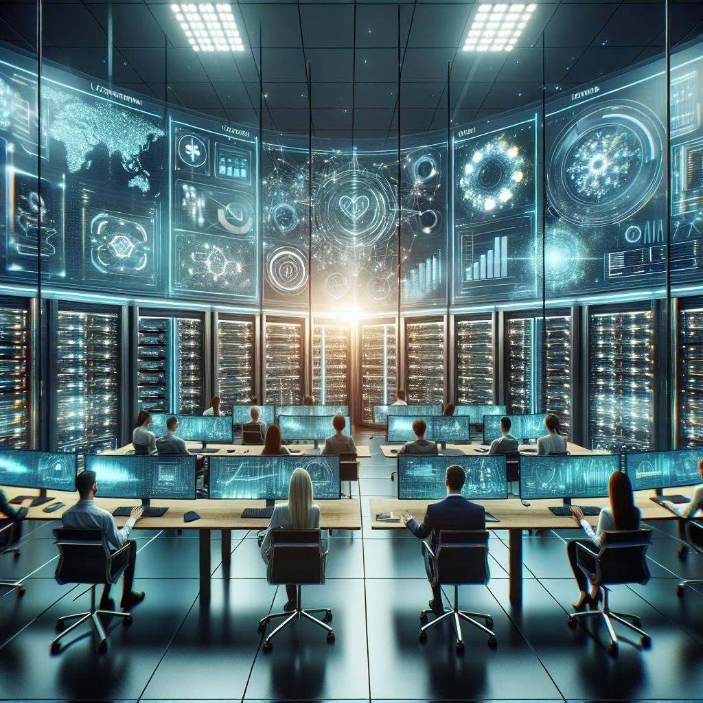 Futuristischer Kontrollraum mit holographischen Displays, Datenströmen und Server-Racks für Echtzeit-Marketing, geschaffen für KI-gestütztes Marketing.