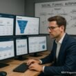 Person in Business-Outfit arbeitet an einem digitalen Arbeitsplatz mit Monitoren, Facebook-Werbekampagnen und Analytics-Tools, während im Hintergrund ein Whiteboard mit Social Funnel Strategien zu sehen ist.