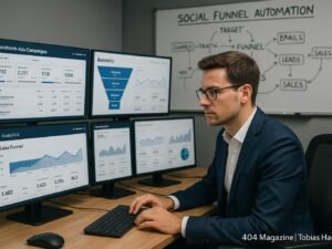 Person in Business-Outfit arbeitet an einem digitalen Arbeitsplatz mit Monitoren, Facebook-Werbekampagnen und Analytics-Tools, während im Hintergrund ein Whiteboard mit Social Funnel Strategien zu sehen ist.