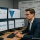 Person in Business-Outfit arbeitet an einem digitalen Arbeitsplatz mit Monitoren, Facebook-Werbekampagnen und Analytics-Tools, während im Hintergrund ein Whiteboard mit Social Funnel Strategien zu sehen ist.
