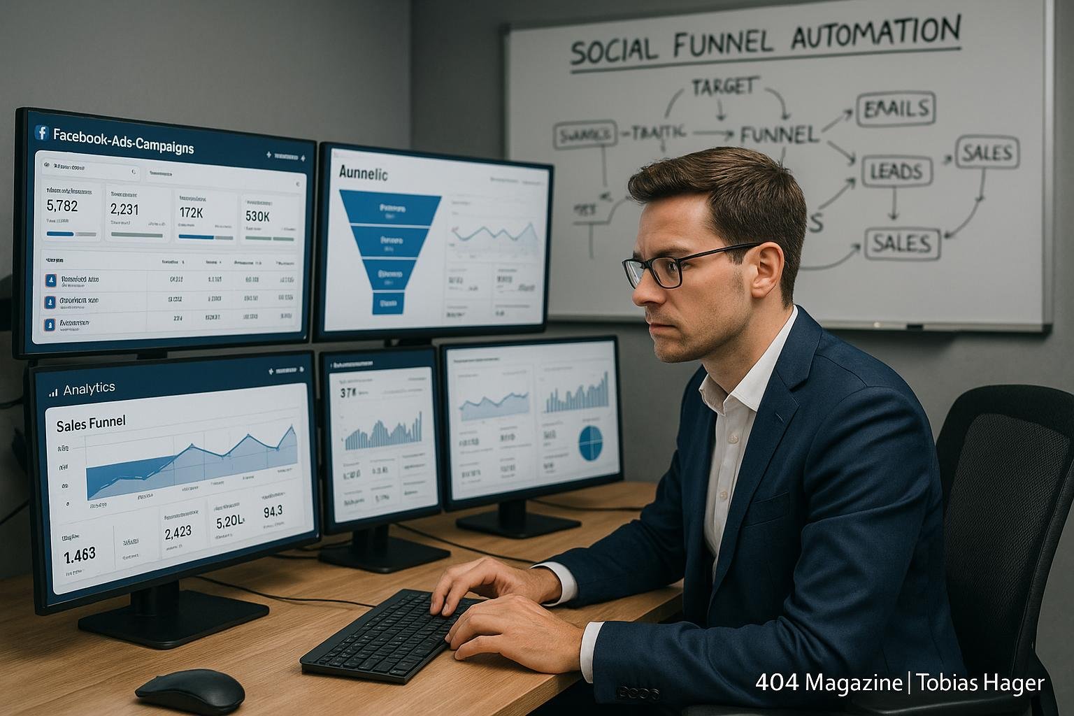 Person in Business-Outfit arbeitet an einem digitalen Arbeitsplatz mit Monitoren, Facebook-Werbekampagnen und Analytics-Tools, während im Hintergrund ein Whiteboard mit Social Funnel Strategien zu sehen ist.